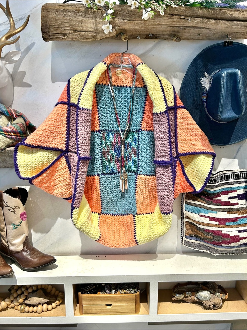 🌙Artisan patchwork knit Open-Front cocoon kimono cover up cottagecore vibe